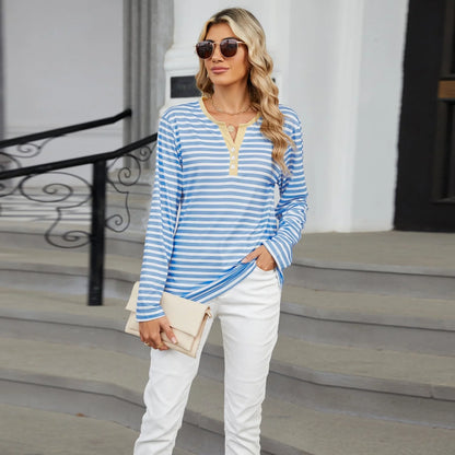Women's V-neck striped loose long-sleeved t-shirt in various colours