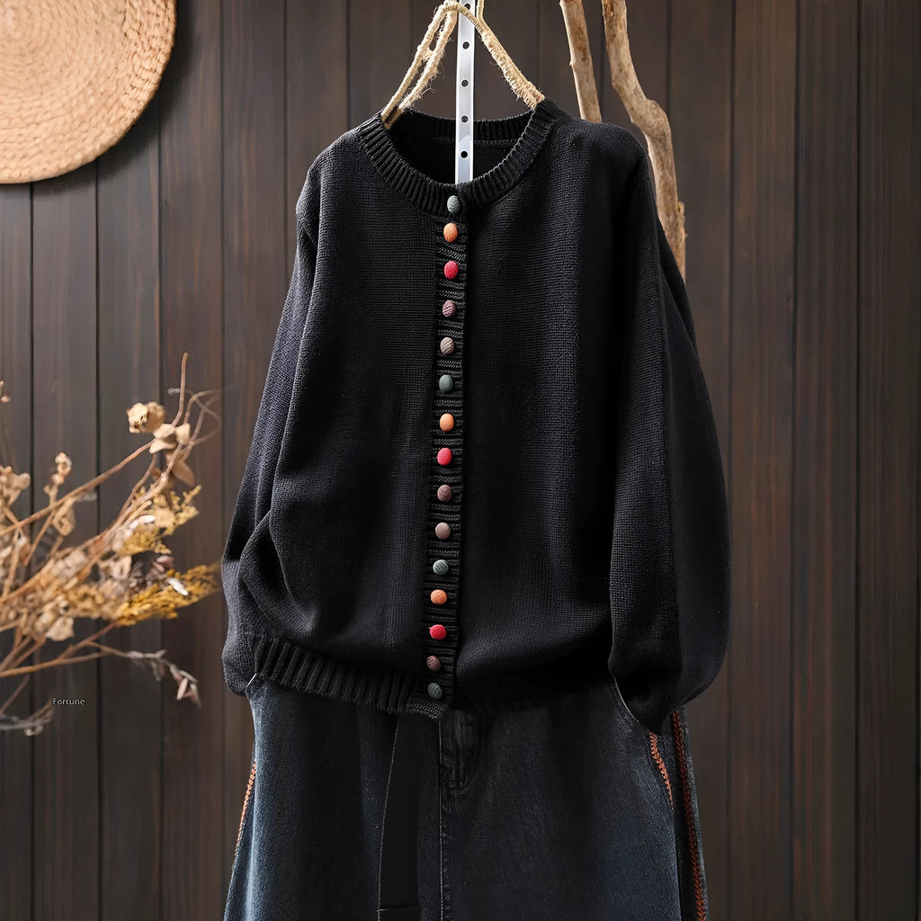 Women's colourful button cardigan, loose-fit cotton spandex knit, long sleeves, art retro style, available in black and khaki
