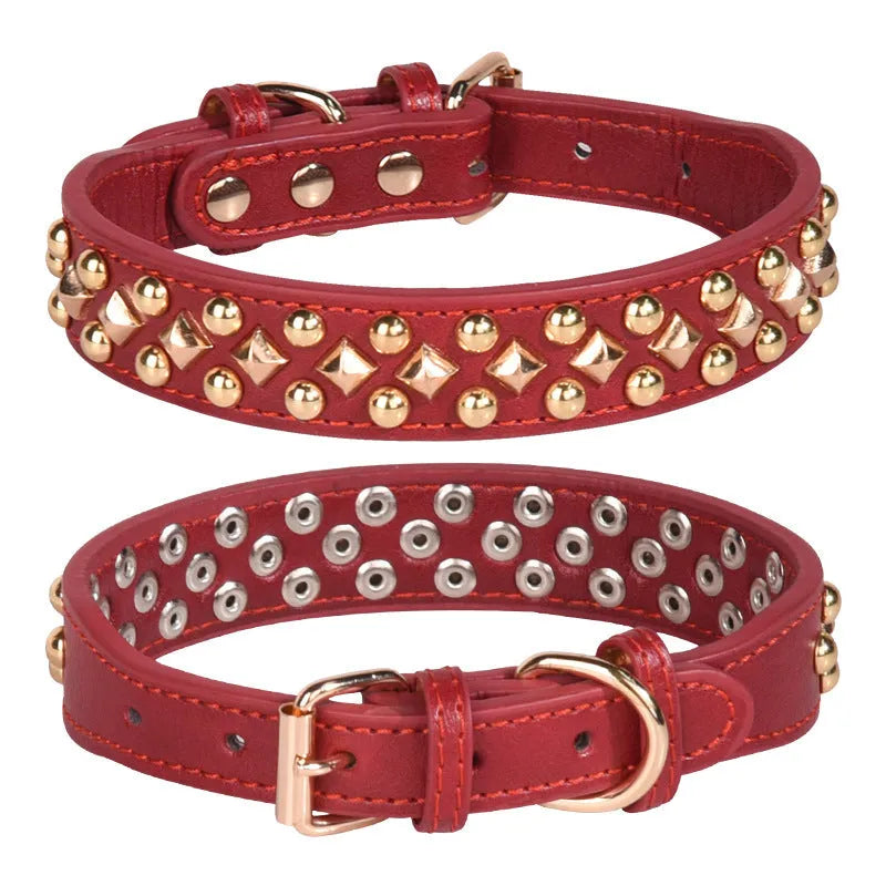 Rivet leather dog collar with golden rivet decoration in retro style, shown in black colour on a plain background
