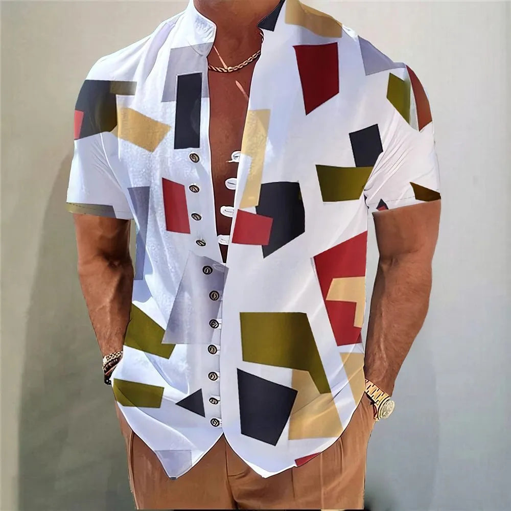 Youth wearing a short-sleeve cardigan shirt with a geometric 3D printed floral pattern in a blue colour.