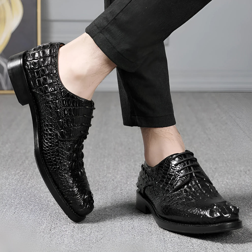 Handmade men's crocodile leather formal shoes with round toe, genuine leather sole, black colour, size 42