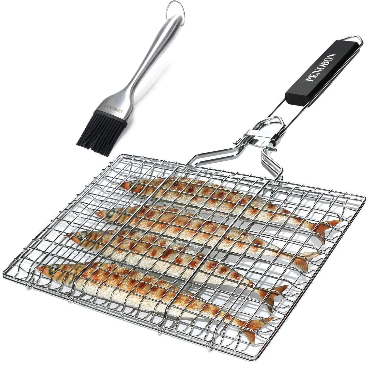 Square stainless steel folding barbecue mesh basket with a grill brush on a grey background.