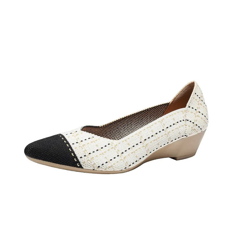 Women's wedge knit casual shoes in black and white plaid with 3-5cm heel and shallow-cut vamp
