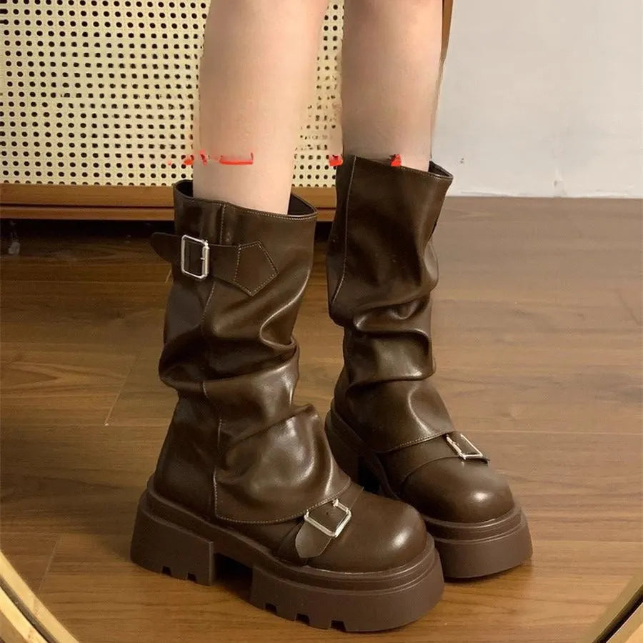 Retro platform height increasing brown boots with wedge heel, side zipper and belt buckle