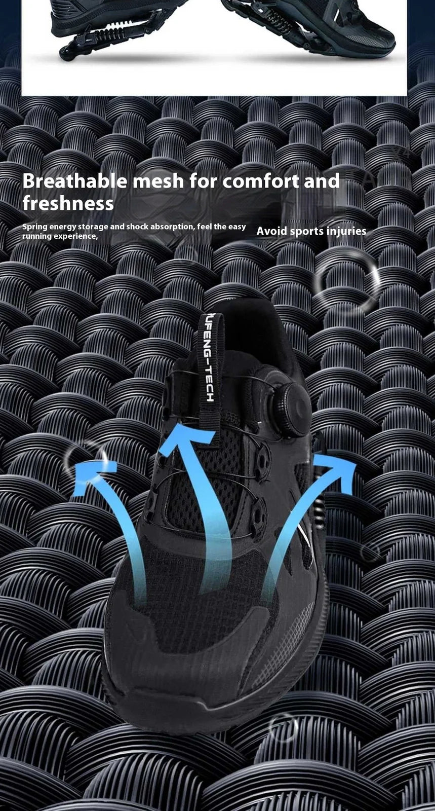 Black mechanical power running shoes with mesh upper and rubber sole showing buckle closure system