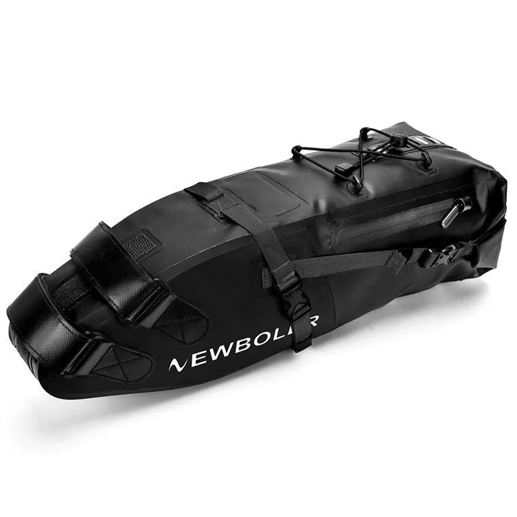Large yellow waterproof PVC tail bag mounted on a bicycle rear, showing its 13L capacity.
