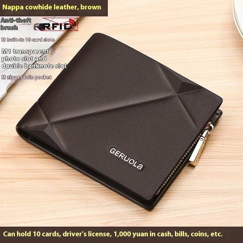 Men's short leather wallet with zip closure and rhombus pattern in black, blue or brown colours