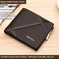 Men's short leather wallet with zip closure and rhombus pattern in black, blue or brown colours