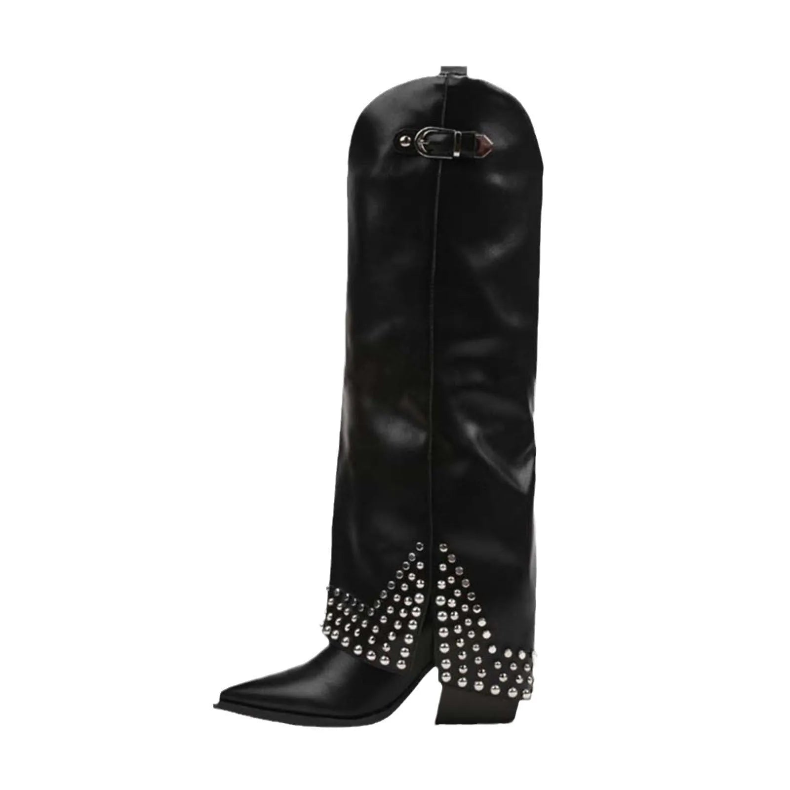 Women's black frosted rivet pantyhose boots with a suede-look upper and rubber sole.