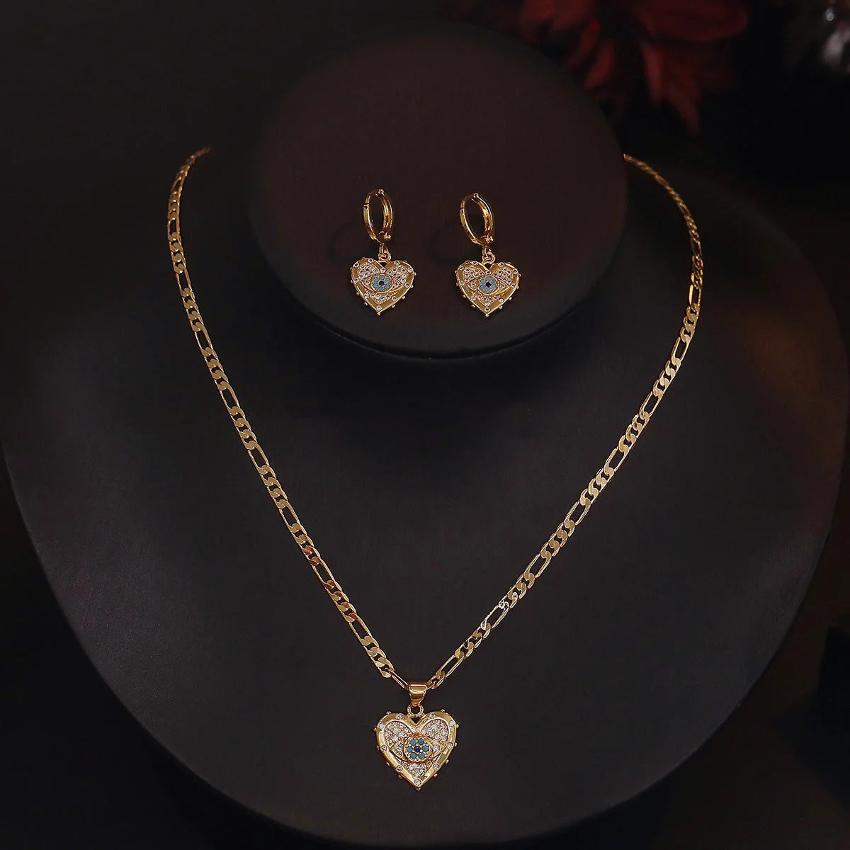 Copper plated real gold heart-shaped zircon pendant necklace and earrings suite
