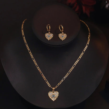 Copper plated real gold heart-shaped zircon pendant necklace and earrings suite