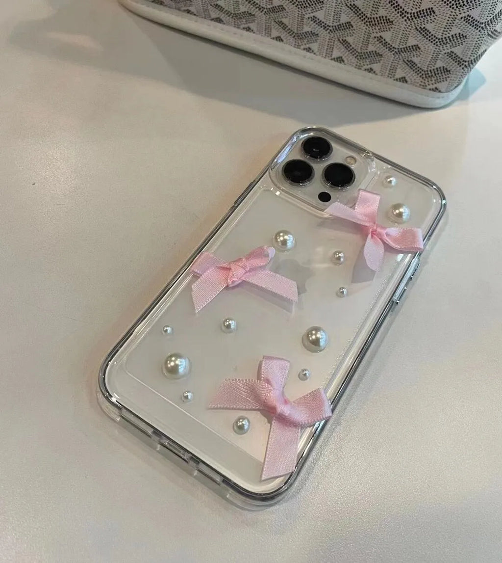 Pink transparent TPU phone case with three-dimensional pearl bow for iPhone 13 Pro Max