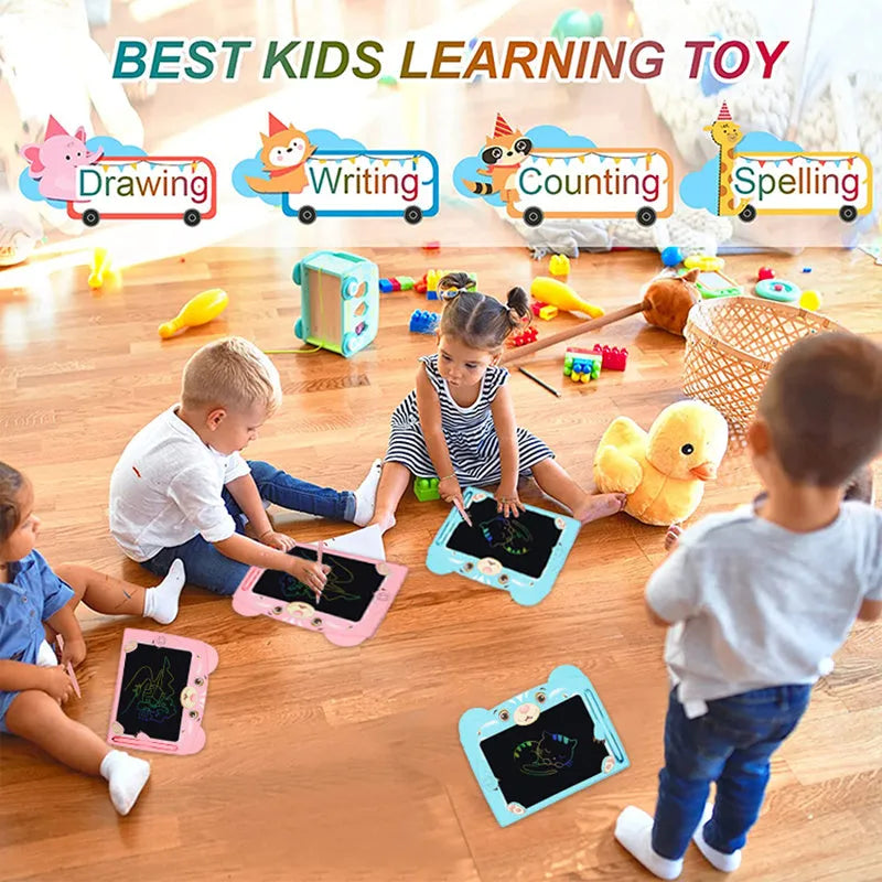 Cartoon bear children's LCD handwriting drawing board in sky blue colour on a table.