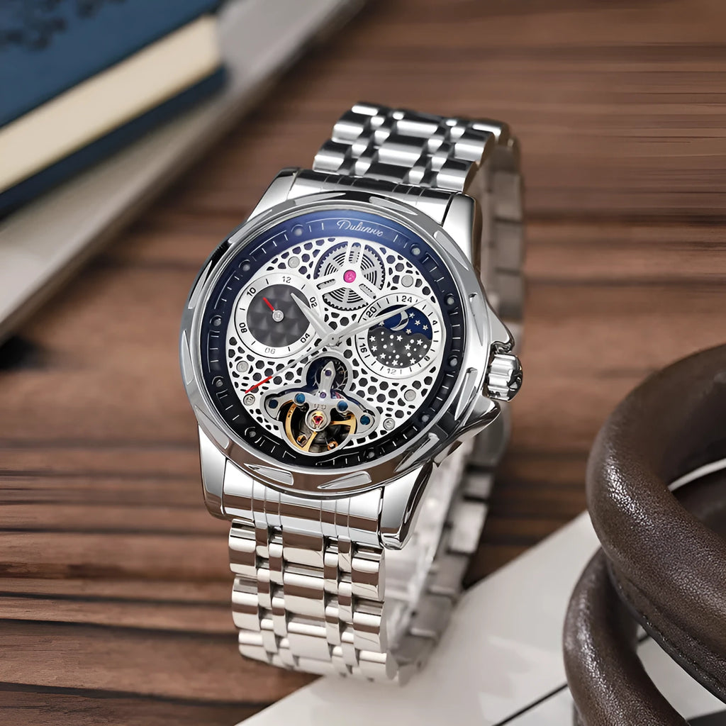 Men's black or white automatic business watch with steel bracelet or leather strap on wrist