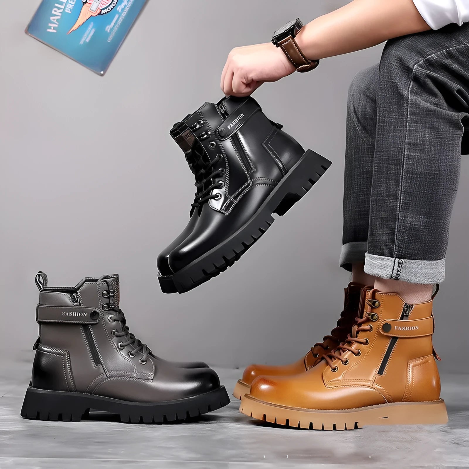 Men's light brown side-zip Martin boots with thick rubber sole and stitching detail.