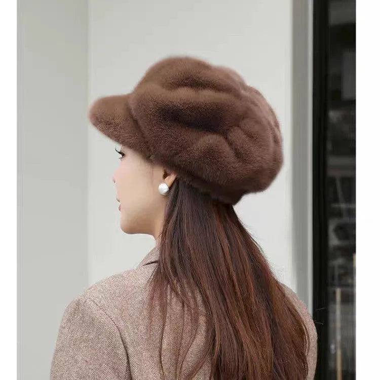 Women's knitted fake mink dome pumpkin hat in beige, one size 54-58 cm, warm and windproof for autumn winter