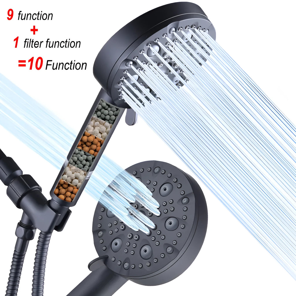 Portable Multifunctional Hand-held Shower Head Set With Filter Carbon Point PP Cotton Dark Matte ABS Construction Spray Massage Beauty Bubble Rainproof Functions