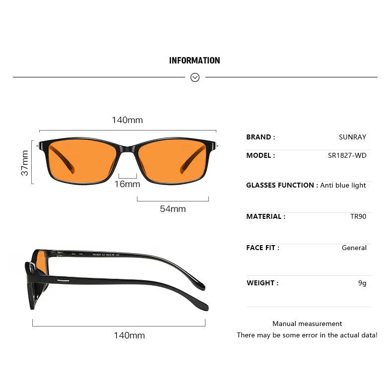 Orange tinted blue light glasses in a full rim frame with four colour options C1 C2 C3 C4