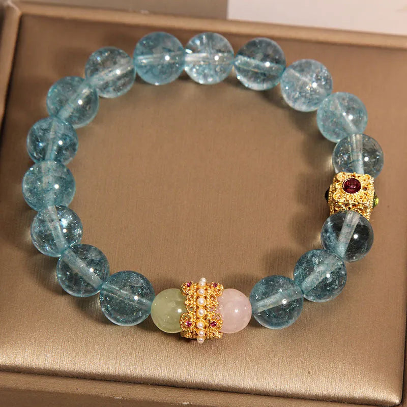 Blue crystal cube sugar bracelet with Chinese style design on flexible ring