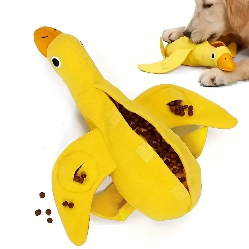 Yellow teddy dog toy with duck doll attachment for training with sounds and food leaks