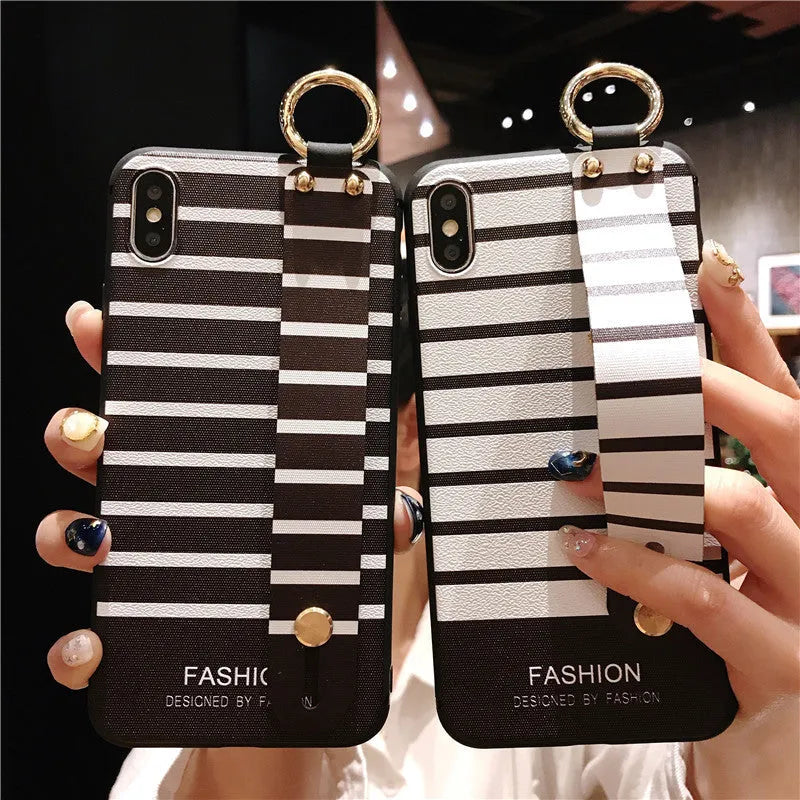 Wrist strap bracket phone case for iPhone 12 with ethnic black and white stripes TPU back cover