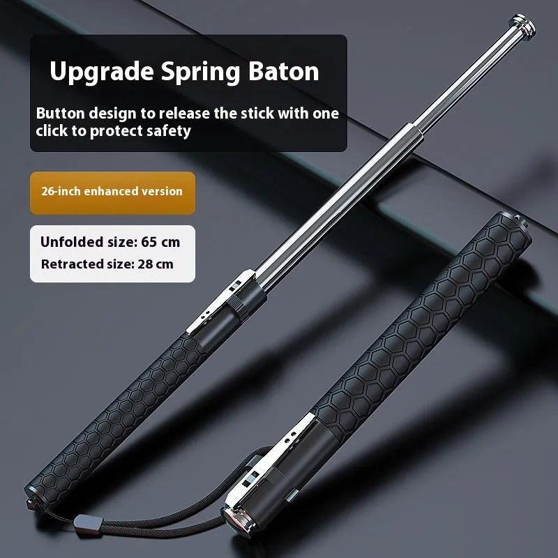 Automatic spring expandable baton in titanium black with three size options shown