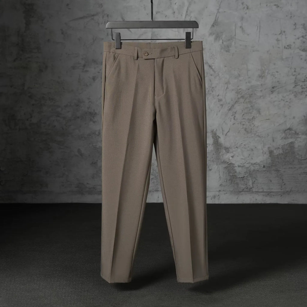 Autumn men's straight loose fit brushed polyester casual trousers in khaki, front view