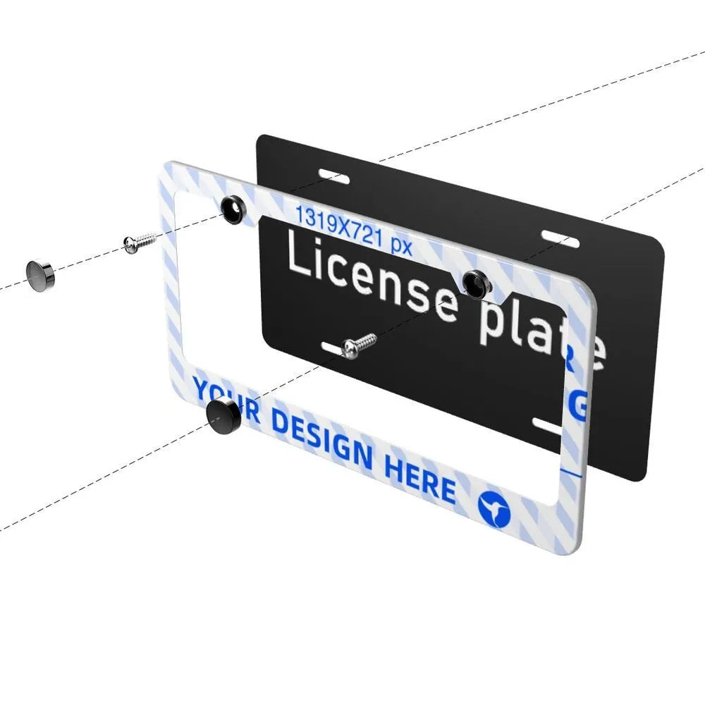 Pair of flat-hole aluminium license plate holders for front and rear car plates, customisable with printed design
