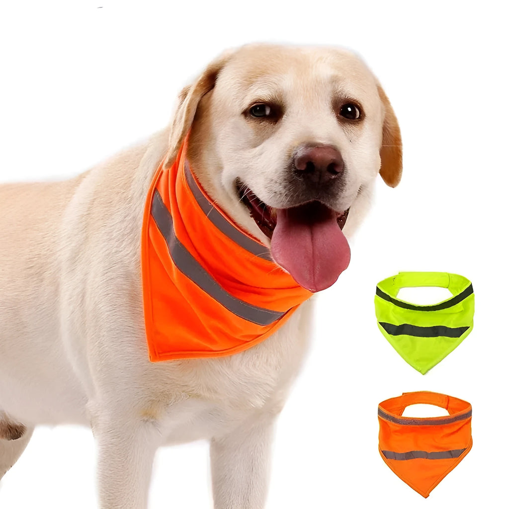 Yellow and orange reflective striped dog bandana with adhesive strap, shown on a dog's neck.