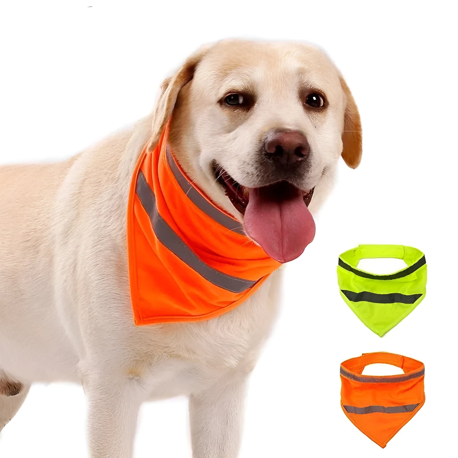 Yellow and orange reflective striped dog bandana with adhesive strap, shown on a dog's neck.