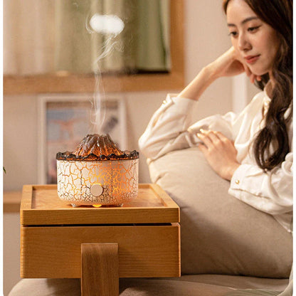 Volcano-inspired essential oil diffuser with realistic mist and LED flame-like light effects, providing a calming and mesmerizing ambiance for your home