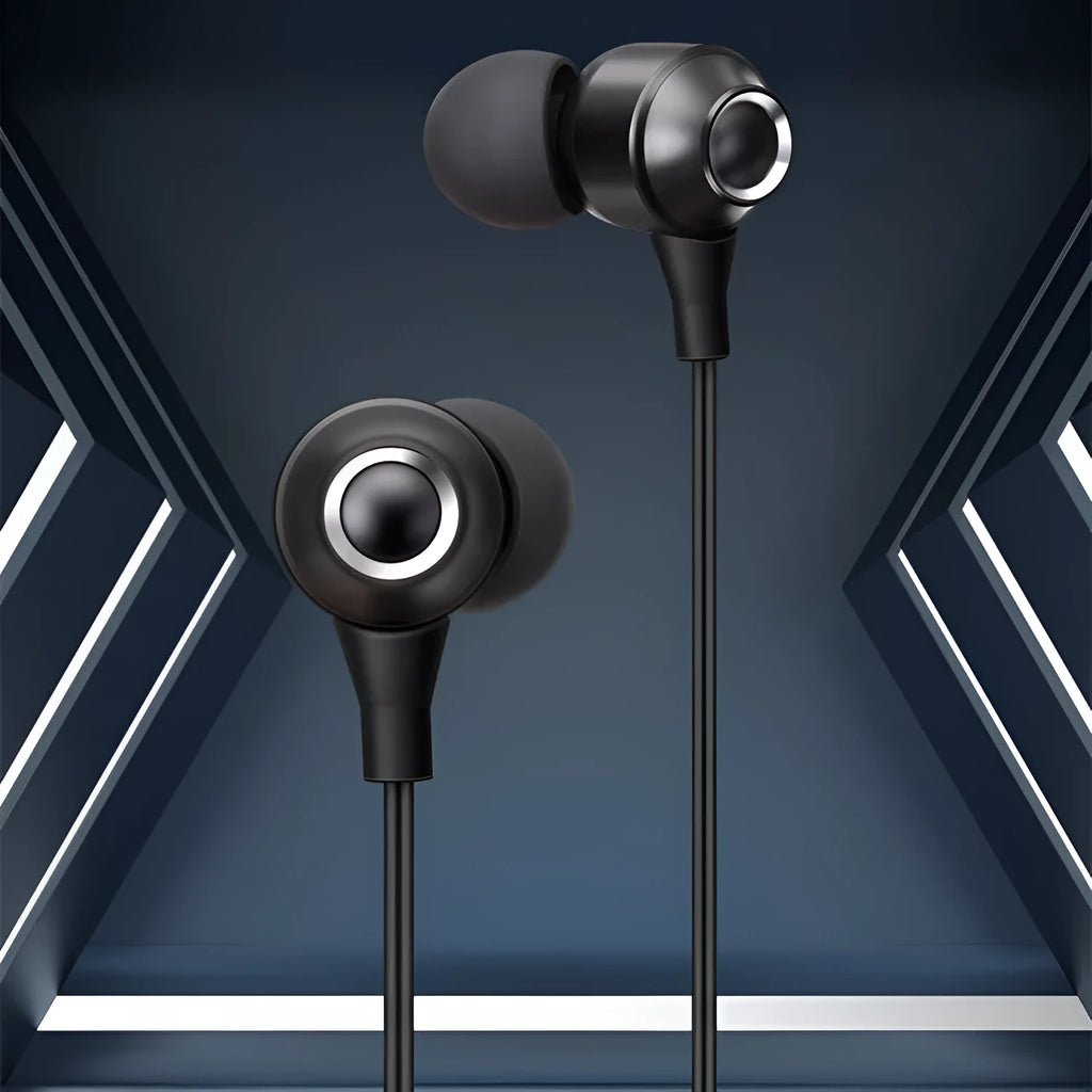 Wired in-ear headphones with silicone earplugs, 3.5mm plug and built-in microphone on a white background