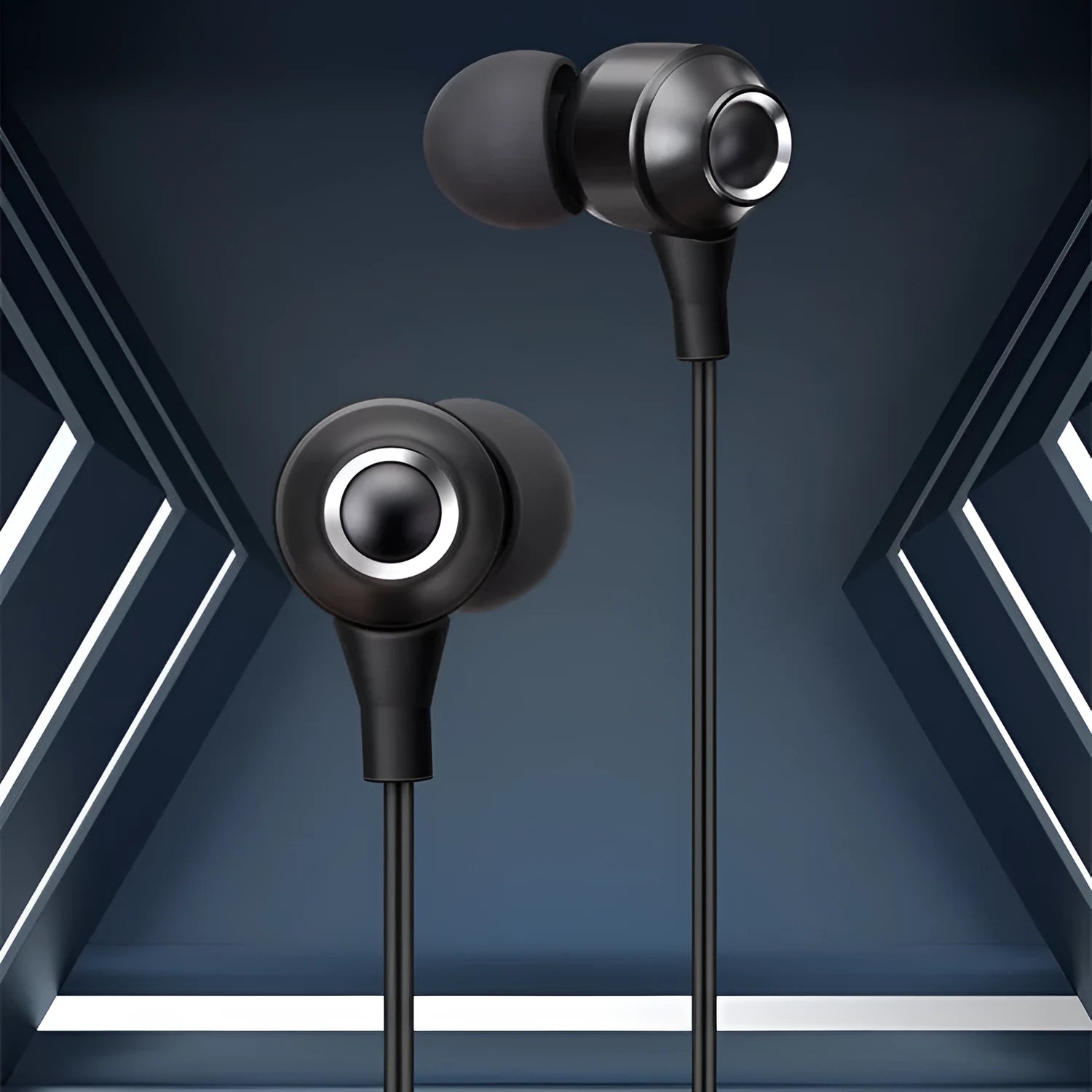 Wired in-ear headphones with silicone earplugs, 3.5mm plug and built-in microphone on a white background