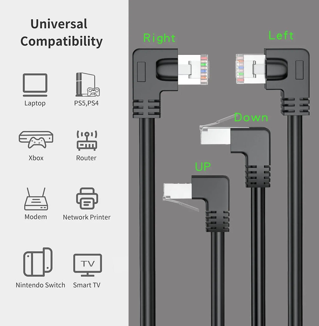 Cat6 Ethernet cable with right-angle RJ45 connector in black, showing metal housing, alongside other colour options.