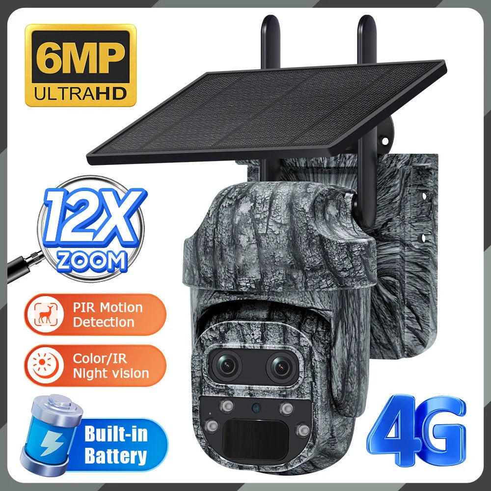 4G solar camouflage camera with 6MP HD night vision and IP66 waterproof housing mounted outdoors