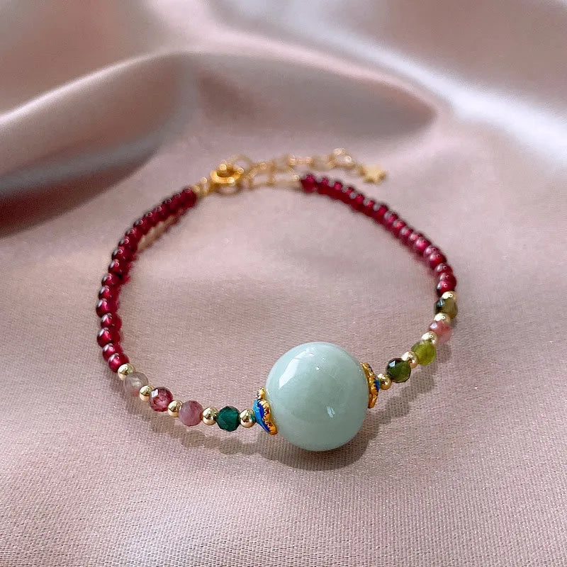 Aquamarine Chinese style women's bracelet with garnet beads and electroplated finish