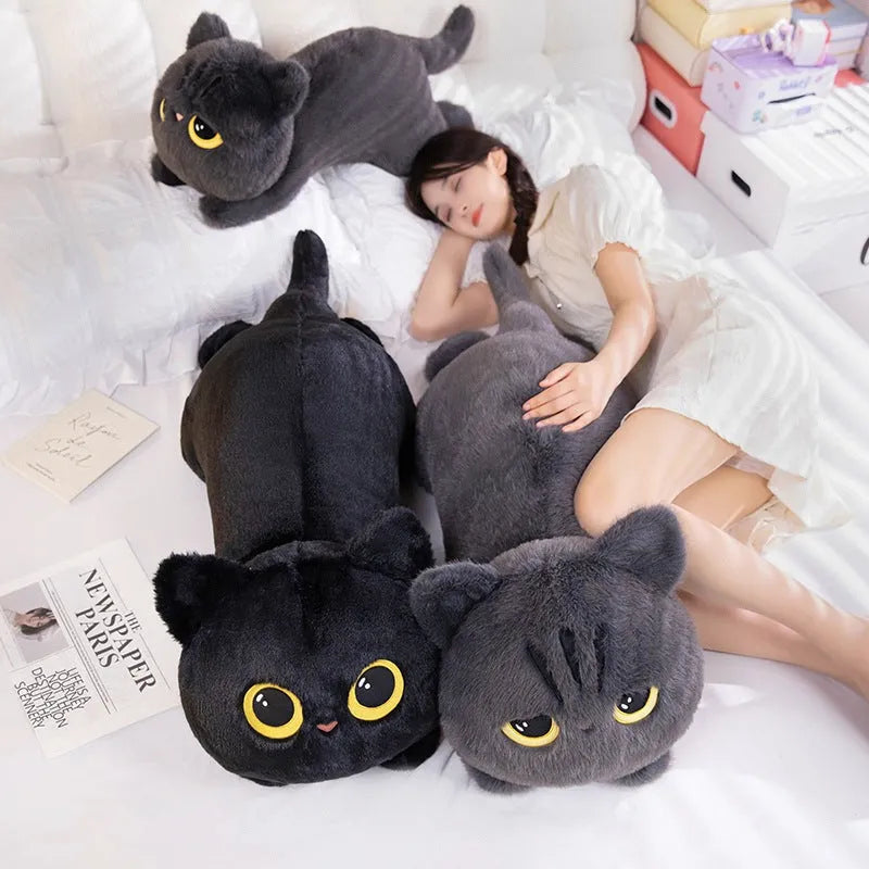 Gray cat-shaped plush pillow toy with soft fabric, 70cm height, on a sofa