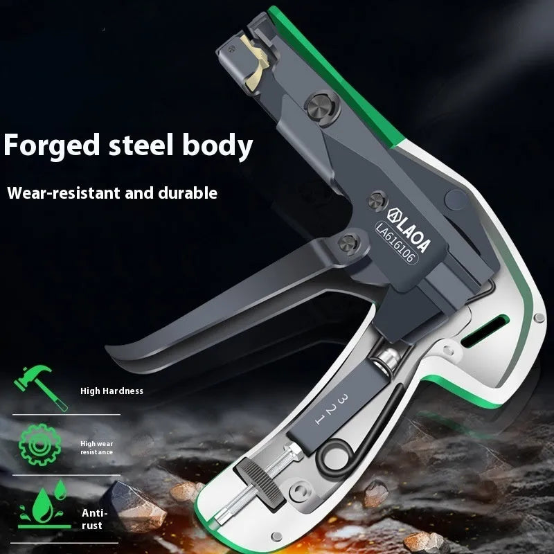 6-inch cable tie gun in green and black with 3-speed tension adjustable mechanism for plastic ties up to 4.8mm