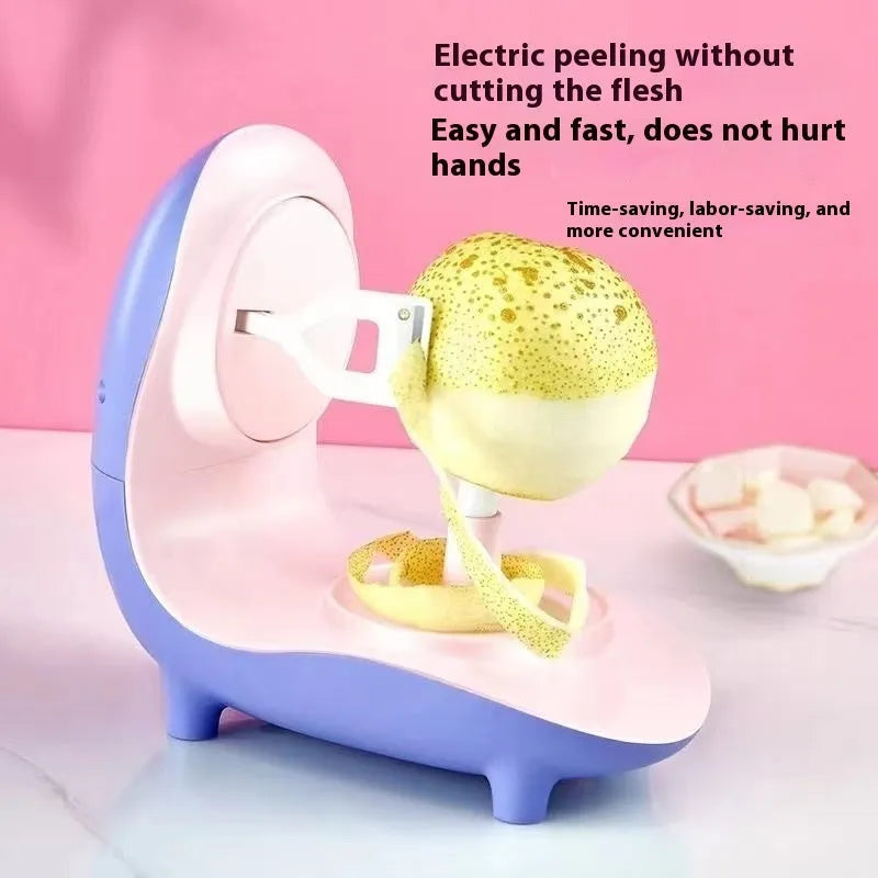 Purple household USB charging electric peeling machine with stainless steel blade on a kitchen counter