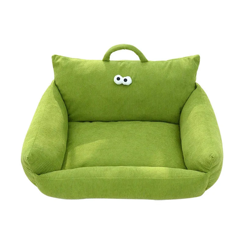 Cartoon Big Eye Nest pet bed in Moon velvet fabric for cats and small dogs, shown in blue.