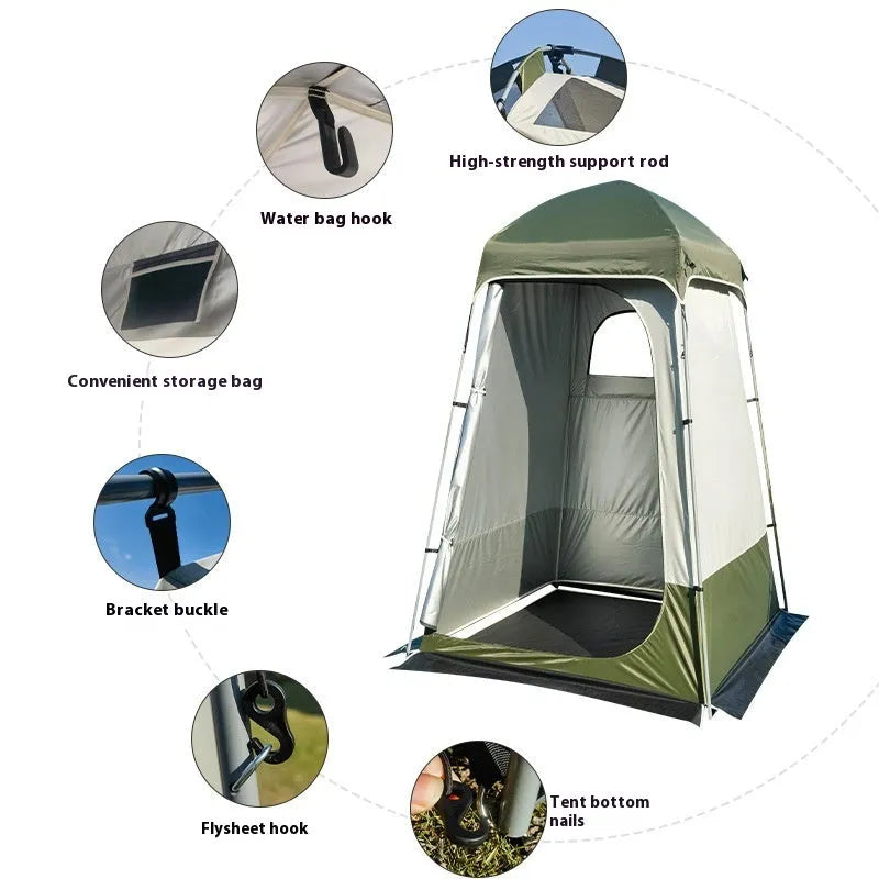 Outdoor single shower dressing camping tent in army green, unfolded size 140x140x230cm