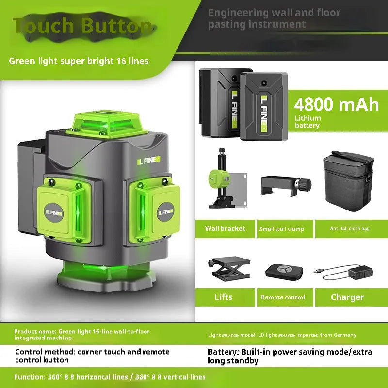 3D green laser level unit projecting 16 laser lines on a wall for construction alignment.