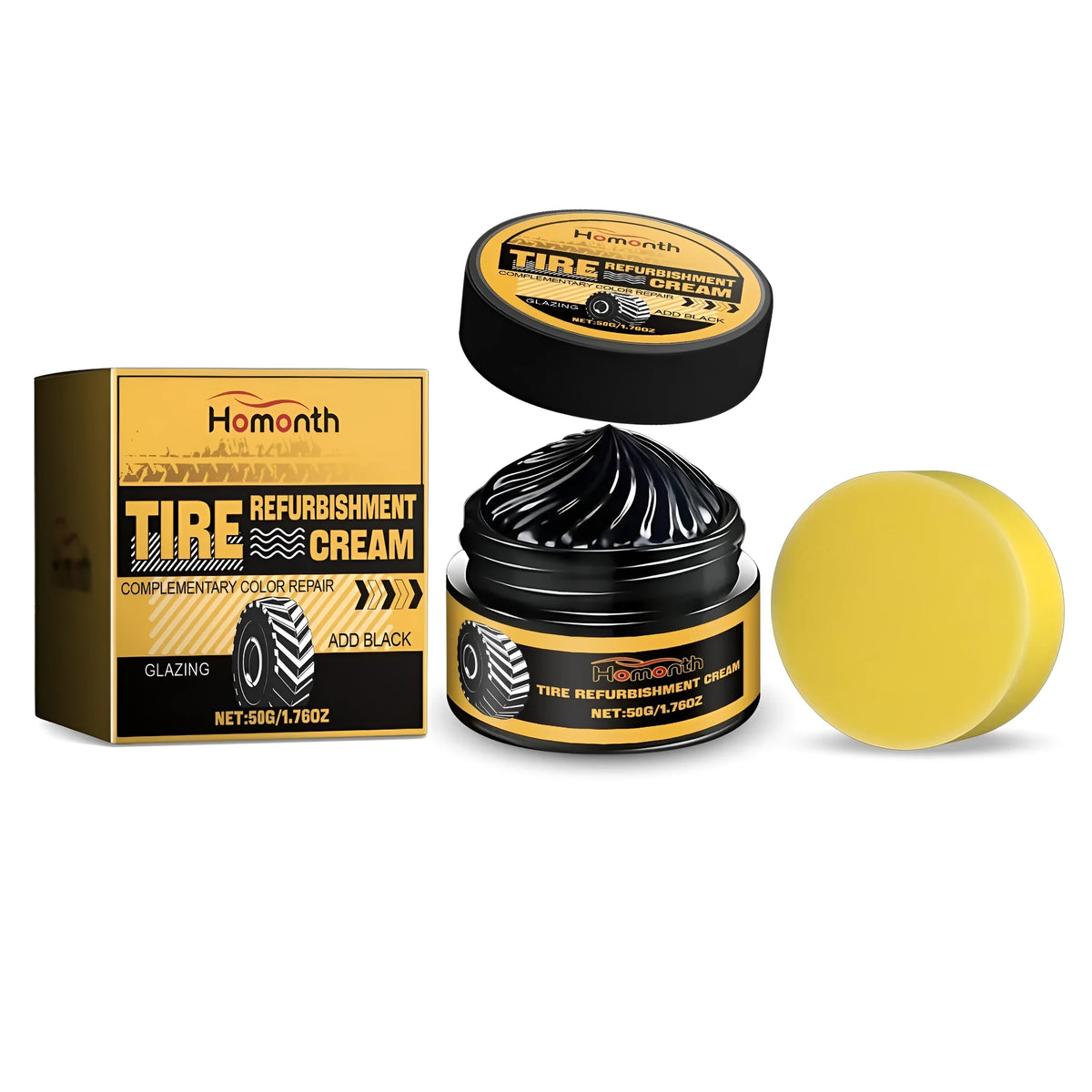 50g tyre refurbishing cream in a bottle with a sponge for car tyre aging protection