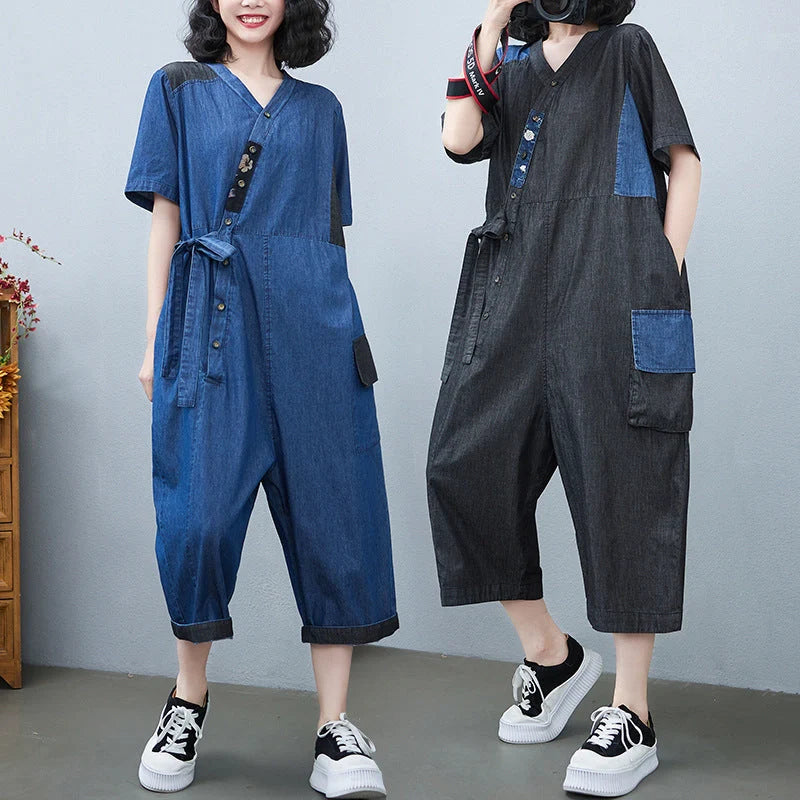 Women's Drawstring Denim Jumpsuit in blue and black with wide legs and cropped length