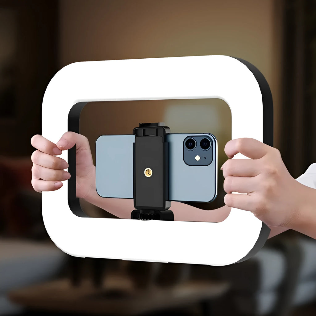 Mobile phone fill-in light kit with rechargeable lamp, desktop bracket, and phone holder for live broadcasting