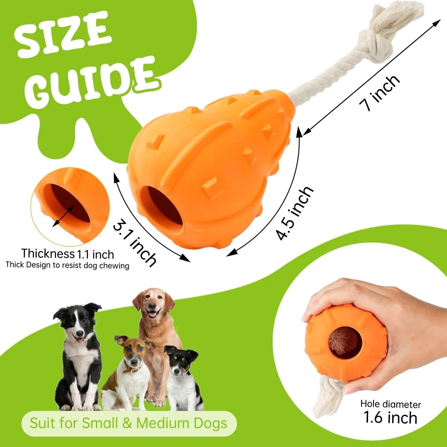 Natural rubber stuffable dog toy for small medium breeds with treat hole and long strap.