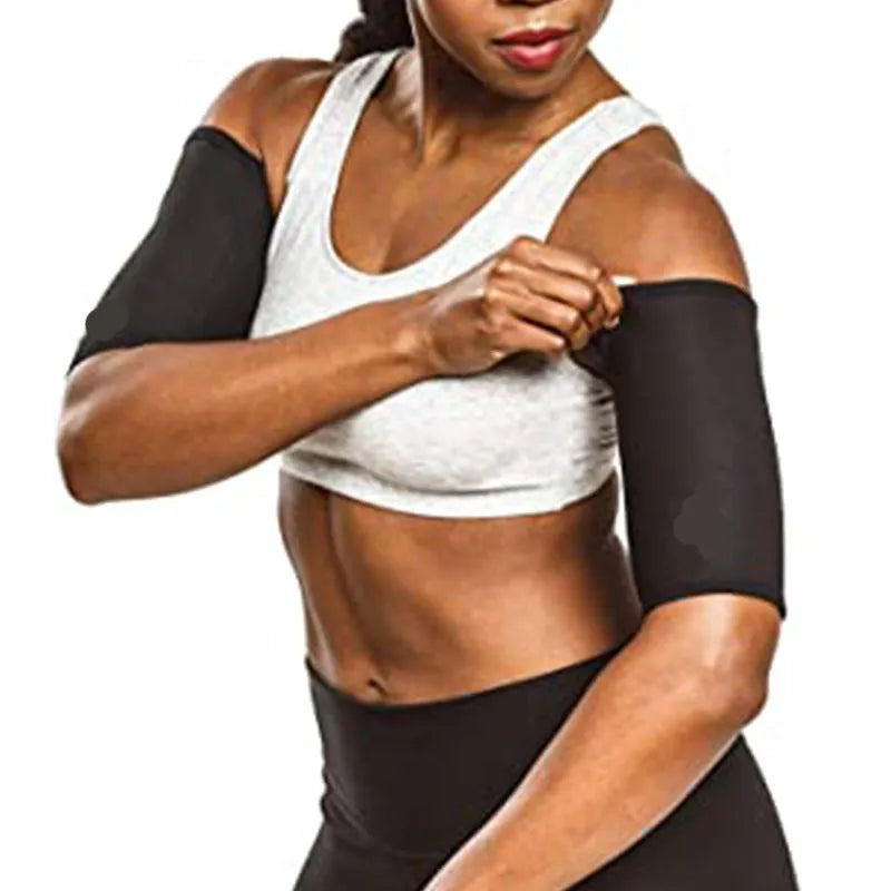 Adjustable arm sweatband in blue colour with binding strap, shown on an arm.