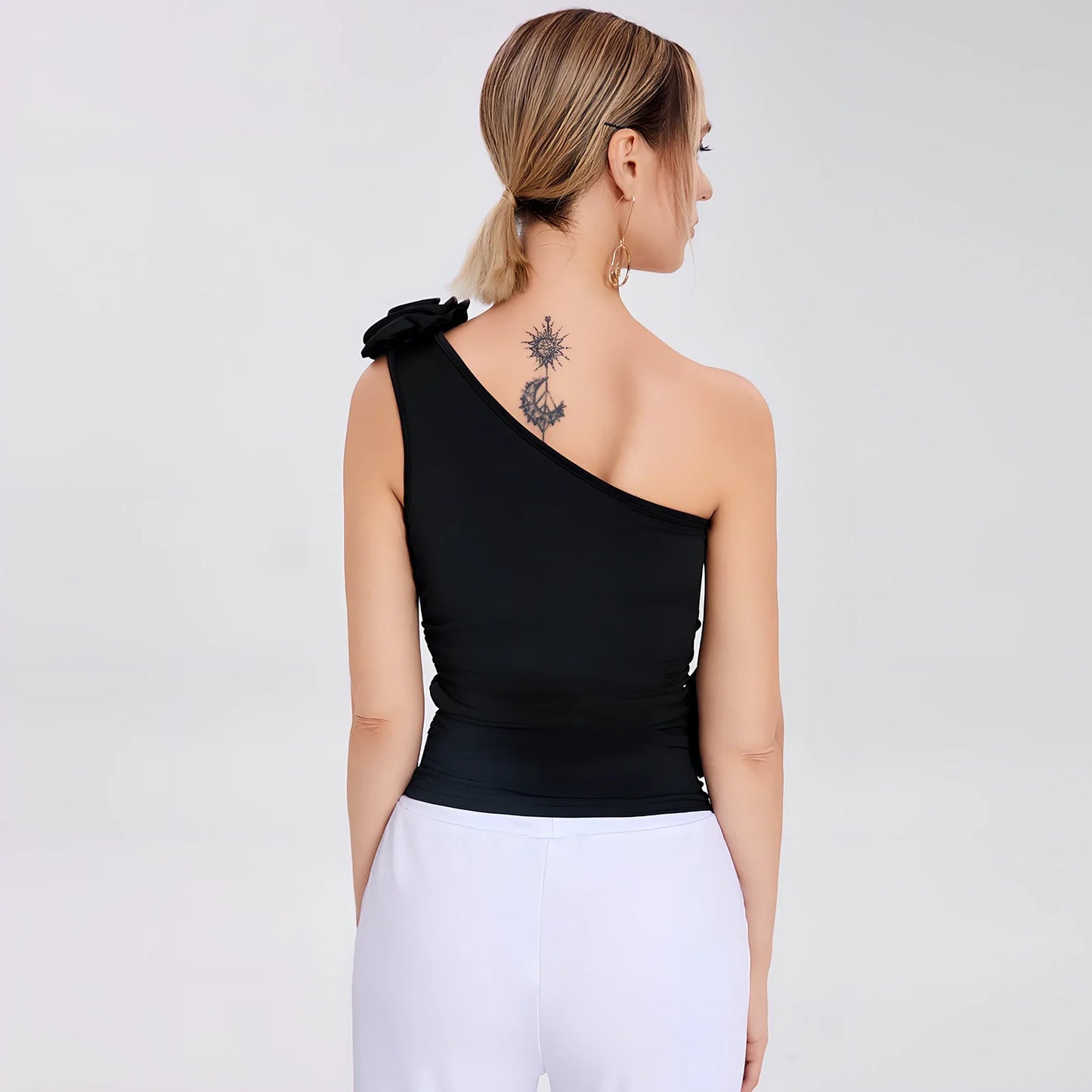 Black one-shoulder pleated flaperon vest top with three-dimensional rose detail, 25cm length size S, 95% polyester stretch fabric
