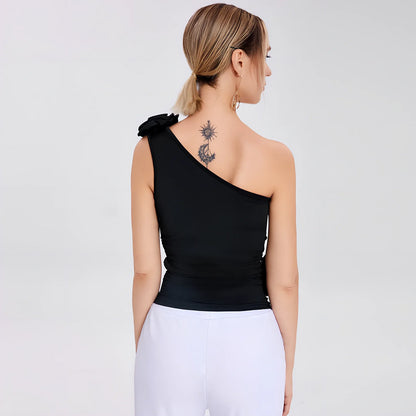Black one-shoulder pleated flaperon vest top with three-dimensional rose detail, 25cm length size S, 95% polyester stretch fabric