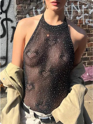 Grid Love hotfix sequin sleeveless jumpsuit in black for women, free size, polyester and polyethylene fibre construction